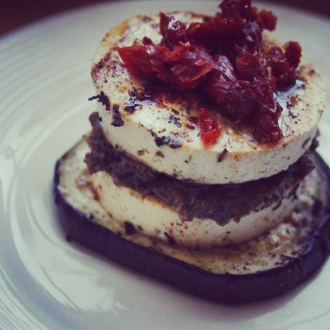 Eggplant Medallions with Grilled Tofu, Mushroom Spread and Sun-dried Tomatoes